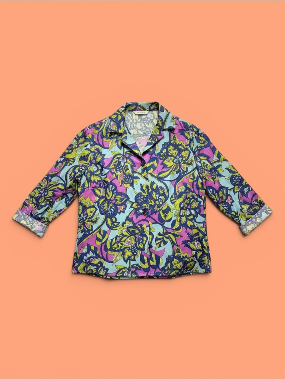 Colorful Floral Button-Up Blouse in Blue, Pink & Yellow